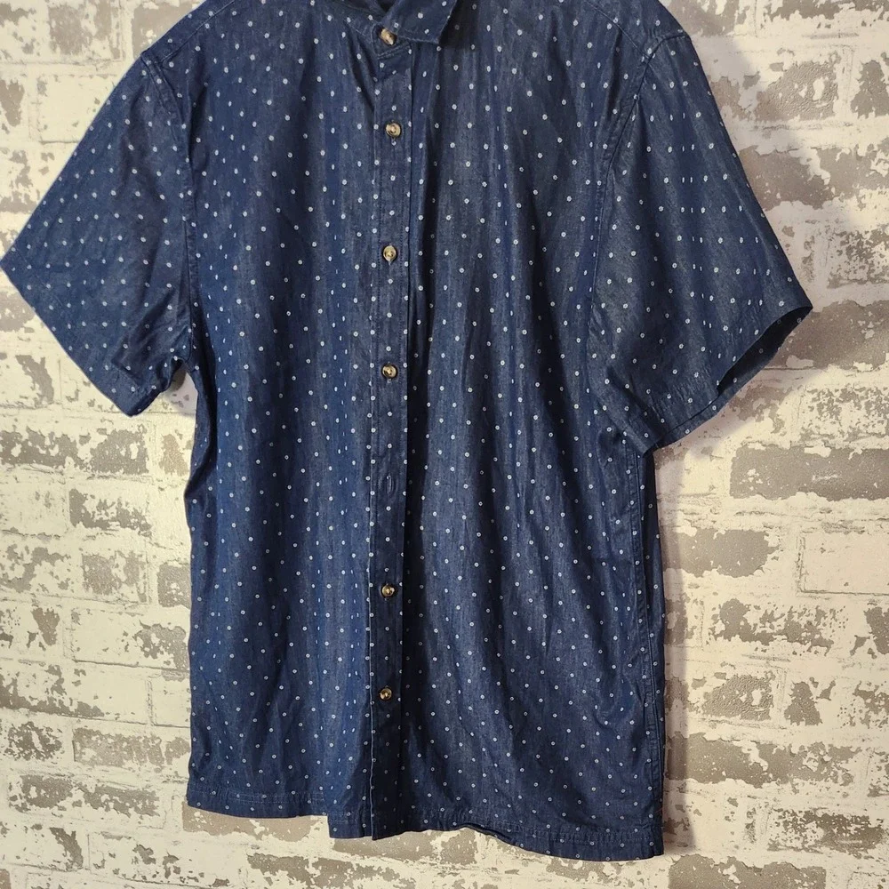 Banana Republic Mens Shirt Size L Button Up Navy Dot Print Short Sleeve Slim Fit